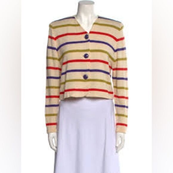 ST JOHN button up cream & colorful striped button up long sleeve cardigan sz 10 - Picture 1 of 7